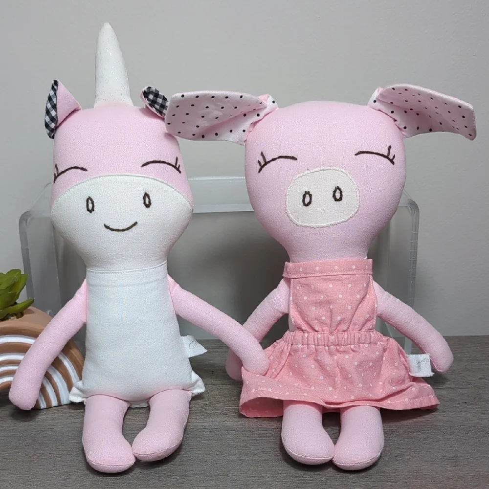 Buttercup Avenue Pink White Plush Unicorn‎ & Piglet Dolls Pair 2 Modern Handmade